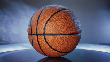 Fototapeta premium Dramatic studio shot of a basketball centered on a reflective surface with a hazy, smoky blue background. High-contrast lighting highlights the ball's texture for a professional sports concept.