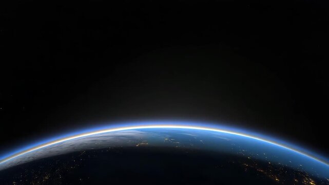 night space banner with Earth curved horizon placed along bottom edge, dense soft golden city lights barely visible on night-side planet, thin electric-blue  4K