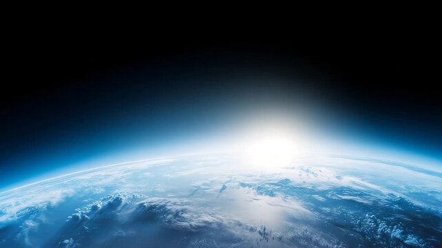 polar orbital view of Earth, curved horizon seen from high latitude angle, bright sunlight across ice caps and cloud bands, thin atmospheric glow, realisti 4K