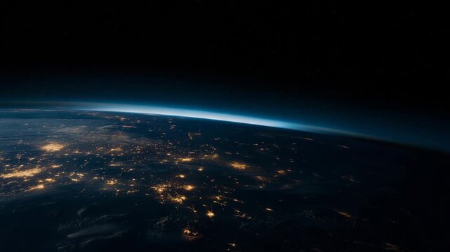 scientific orbital view of planet Earth at night, wide satellite perspective with smooth curved horizon along the bottom edge, thin soft blue atmospheric rim, evenly distributed   4K