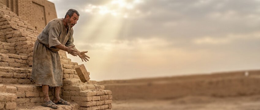Older man dropping a brick from the Tower of Babel. Biblical scene depicting the story from the Book of Genesis for religious study. Banner with copy space
