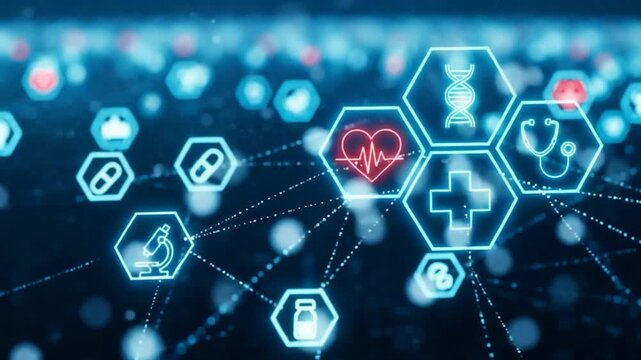 Healthcare Technological Connectivity: A mesmerizing digital rendition of interconnected health symbols, depicting the intricate network of modern medicine and patient well-being.