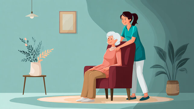 Elderly Care and Home Care: Compassionate Caregiver Providing Emotional Support and Wellness in a Peaceful Living Room Setting with Decorative Plants