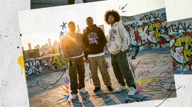RAW analog fashion editorial of Gen Z models posing on a graffiti-covered rooftop at sunset, wearing oversized streetwear with cinematic lighting, film grain texture, and rebellious youth culture .