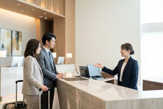 A friendly Asian hotel receptionist welcomes a professional couple, checking them in at the front desk of a modern hotel.