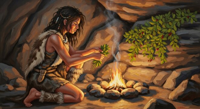 Woman making a campfire in a cave, adding plant leaves to the fire. Primitive life of early humans during stone age era. Paleolithic concept.