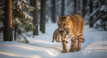 Obraz premium Wild lynx mother carrying her kitten in a snowy forest. Wildlife protection and family bond in winter landscape, nature conservation.