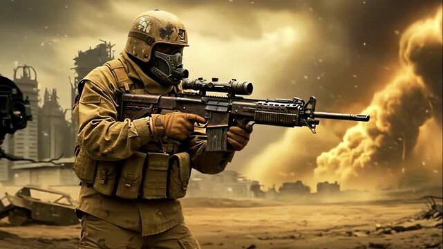 Armed military personnel navigating destroyed urban landscape during conflict, serviceman equipped with firearm and protective mask traverses wartorn city under fiery skies during tense patrols