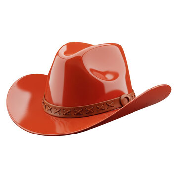 A vibrant red cowboy hat with a black band and a decorative silver concho. isolated on transparent background