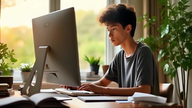 Student focused diligently, dedicated learner studying intently, aspiring individual immersed in coding and investigation work, motivated student deeply engaged in programming and scholarly research