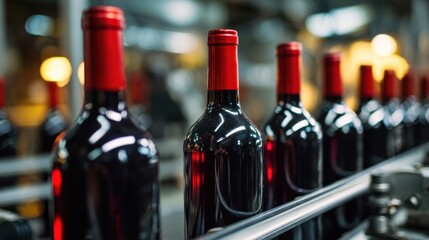 Multiple dark glass bottles filled with red liquid capped with red on a conveyor belt