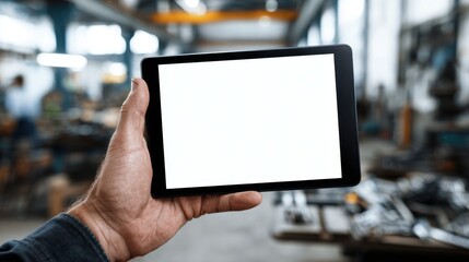 Hand holding tablet computer with blank white screen in industrial factory setting Technology in manufacturing