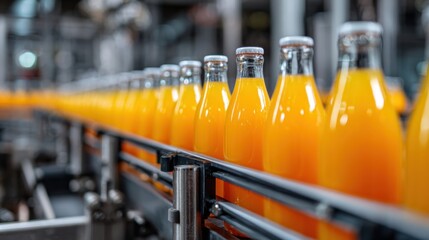 Numerous clear glass bottles filled with orange juice move along an automated production line