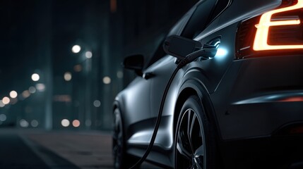 A sleek electric vehicle is charging at night with glowing lights and a blurred urban background