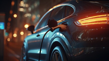 Electric car charging at night with glowing city lights in the background