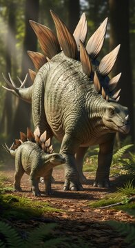 Adult and juvenile stegosaurus walk through a prehistoric forest. Dinosaur family in a jungle. Ancient world and paleontology concept.