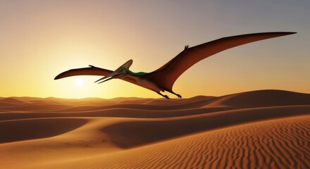 Naklejka premium Pteranodon dinosaur flying gracefully over a vast desert landscape at sunset. Prehistoric world with ancient reptile.