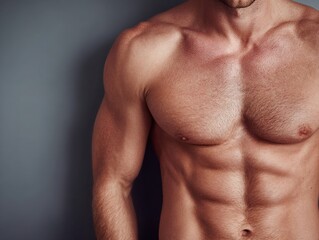 Fototapeta premium A close-up shot of a man's muscular torso is displayed against a textured gray background.