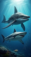 Fototapeta premium Megalodon and white shark swimming underwater near smaller fish. Prehistoric marine predator in ancient ocean environment. Cenozoic era.