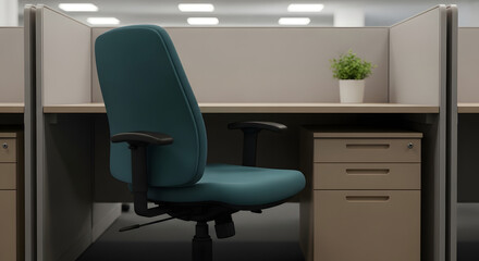 Fototapeta premium Teal Office Chair in Cubicle Workspace.