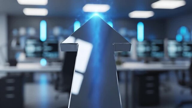 Futuristic pyramid glowing with blue light sits on a reflective surface in a modern office setting symbolizing innovation technology and data-driven business solutions