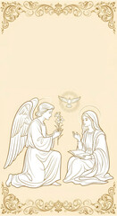 Fototapeta premium Angel Gabriel kneeling before woman Virgin Mary, holding lily, with dove of Holy Spirit. Annunciation concept for religious greeting card, invitation.
