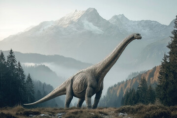 Fototapeta premium Glacialisaurus roams in a prehistoric landscape with mountains and forests