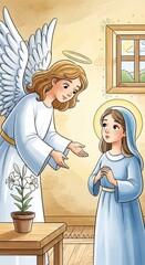 Fototapeta premium Angel Gabriel announcing to young woman, Mary, the birth of Jesus. The annunciation religious concept for Christmas and Easter.
