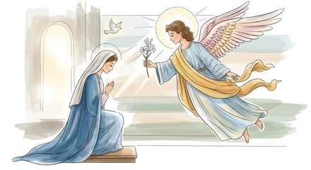 Fototapeta premium Angel Gabriel appearing to woman Mary during Annunciation. Religious scene for Christian spiritual theme and Holy Week. Religious tradition.