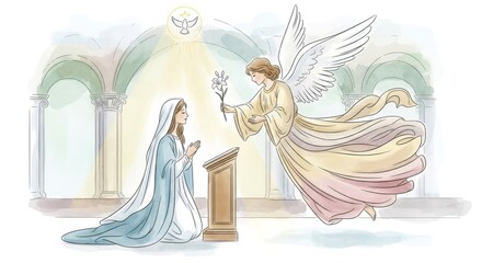 Fototapeta premium Woman kneeling in prayer as an angel appears with a lily. Annunciation scene in a church setting featuring Holy Spirit dove for religious illustration.