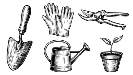 Vintage Hand-Drawn Gardening Tools Set with Trowel, Watering Can, Pruning Shears, and Potted Plant © Ar Stocks