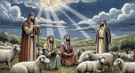 Fototapeta premium Shepherds with sheep on a field during the night, an angel from heaven brings light with a message of Good News for Christmas. Biblical scene.