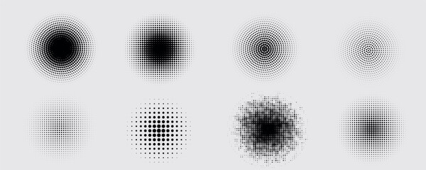 Black concentric circle set. Sonar or sound wave ring collection. Dotted and linear epicentre, target, radar icon concept. Ripple radial signal or vibration elements. Vector line and halftone symbols