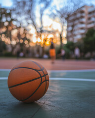 Basketball ball on urban court at sunset. Professional sports equipment. Recreational outdoor fitness. Physical activity, cardio training, movement, sport, health, habits, active outdoors lifestyle.