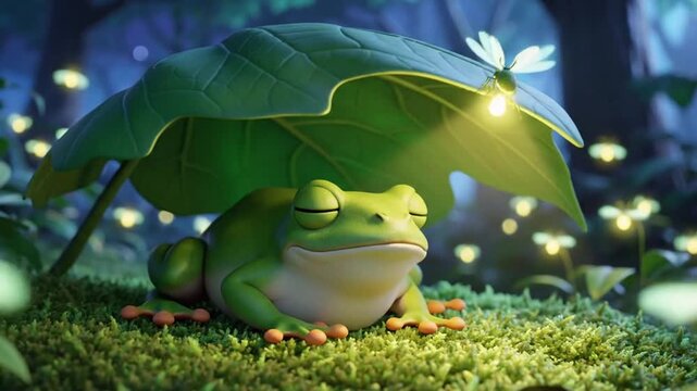 A serene sleeping frog resting under a large green leaf surrounded by fireflies in a lush forest at dusk
