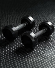 Two black dumbbells with rubber coated weights and textured metal handles on dark gym floor. Professional sports equipment. Strength training, muscle development, fit, physical sport, fitness routine.