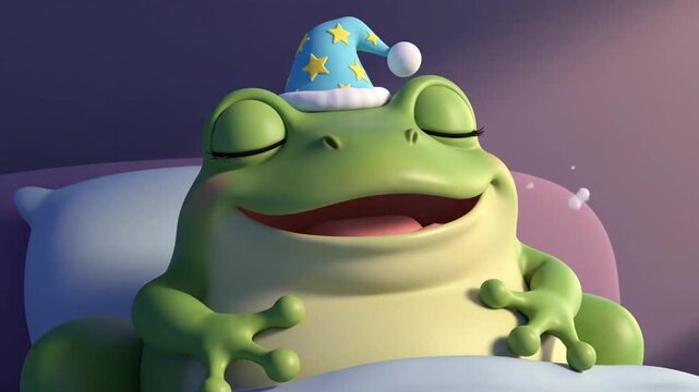A serene sleeping frog wearing a blue nightcap rests comfortably in a cozy bed surrounded by soft pillows