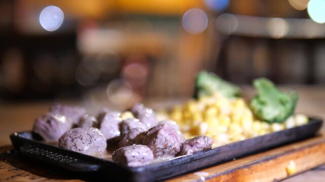 Sizzling Diced Beef Steak with Corn and Broccoli