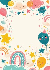 Cute hand drawn baby birthday frame with happy balloons rainbow clouds and stars, colorful nursery background for kids party invitation greeting card and celebration decor with white copy space
