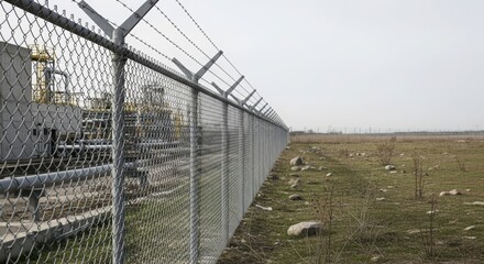 Fototapeta premium Chain link fence with barbed wire around industrial facility. Security concept for restricted area. Protection barrier for critical infrastructure.