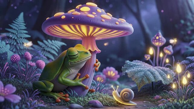 A serene scene of a sleeping frog resting beside a glowing mushroom in a lush forest at dusk