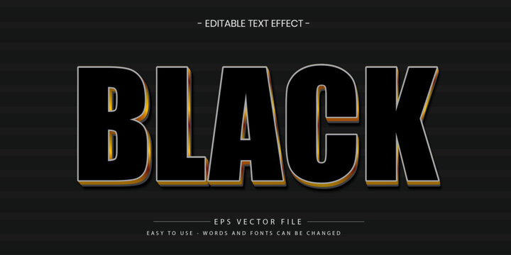 Editable black text effect with gold gradient outline, 3D depth, and soft shadow on dark textured background.