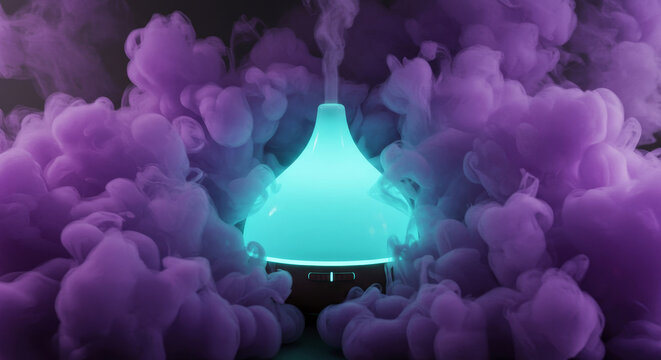 Glowing aroma diffuser emitting turquoise mist and surrounded by purple smoke for cozy home decor and relaxation concept.