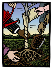Obraz premium Woodcut illustration of a diverse group working together to plant and water a young tree, symbolizing teamwork, environmental care, sustainability, and community growth through shared responsibility.