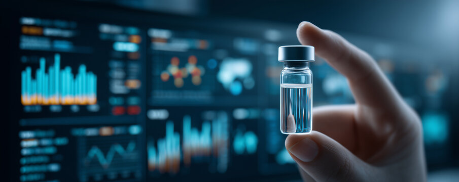 Laboratory vial held against digital data dashboards for clinical analytics and evidence based medicine research
