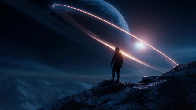 astronaut silhouetted on alien ridge, gazing at massive ringed planet and luminous meteor train crossing sky, icy valley and distant settlement glowing below,