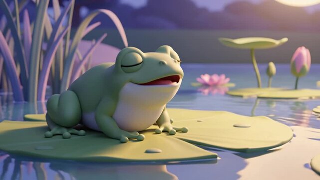 A serene illustration of a sleeping frog resting on a lily pad surrounded by water lilies and tall grass in a peaceful pond at dawn