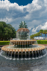 Fototapeta premium Ornate tropical fountain in Charleston under dramatic clouds