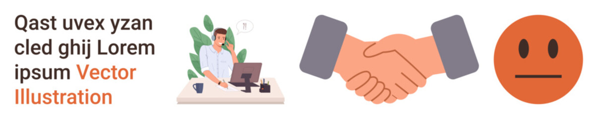 Business communication, teamwork, remote collaboration, partnership, mood evaluation, digital workflow. Illustrated handshake, a working professional and a neutral face. Business communication