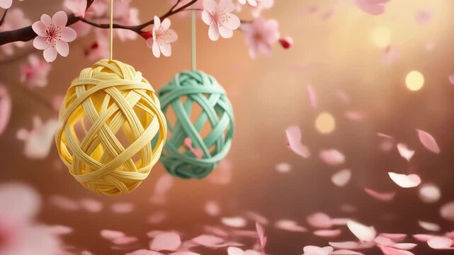 Woven Ornaments and Cherry Blossoms in Spring Breeze Generative AI